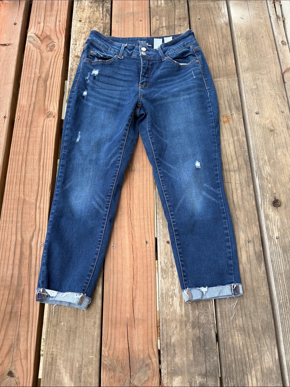 Time and Tru Dark Blue Distressed Cuffed Ankle Jeans